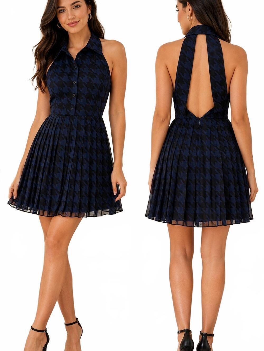 BCBGeneration Navy Houndstooth Pleated Halter Mini Dress
